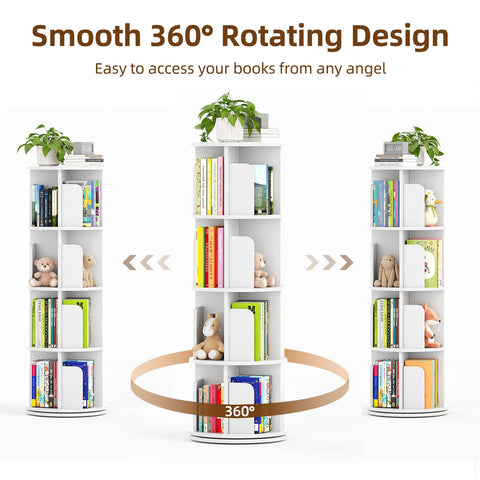WEMANER 4-tier Rotating Kids Bookshelf, Wooden 360° Small Corner Revolving Spinning Bookcase