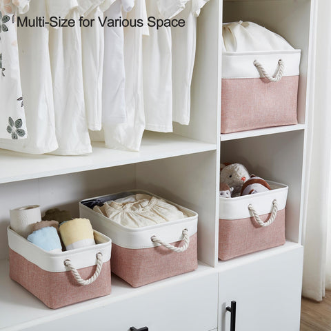 Mangata Soft Fabric Storage Boxes, Multi-Size, Rectangular Container Baskets for Shelf, Wardrobe, Toys and Clothes, 41x31x18 cm, Pink and White