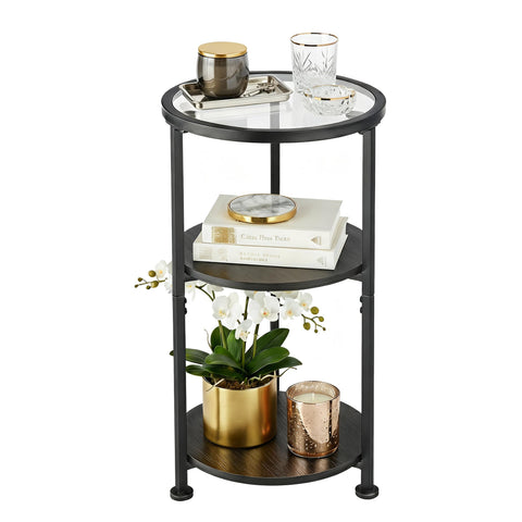 Glass Side Table, 3-Tier Round Side Table with Tempered Glass Top, Black