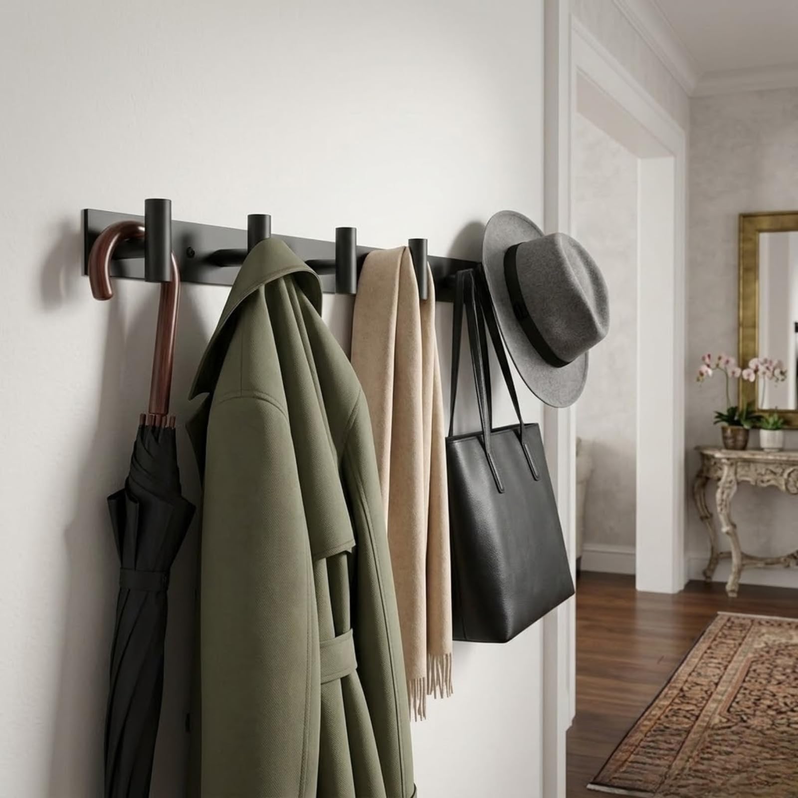 WOOFOOW Rustproof Modern Black Metal Coat Hooks for Wall, Heavy Duty Coat Hanger Wall Mounted, 5 Hooks Wall Mounted for Bathrooms, Kitchen, Bedroom