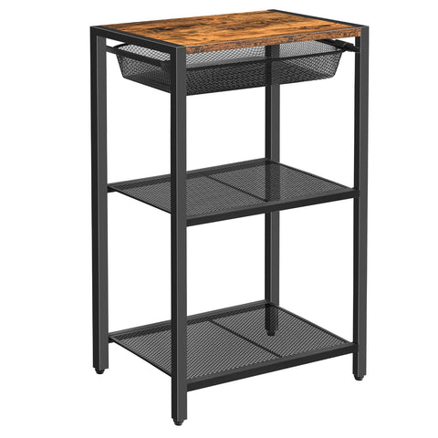 HOOBRO Tall Side Table, 3-Tier Industrial Telephone End Table with Storage Shelves and Basket, Small Laptop Table for Living Room, Bedroom, Office