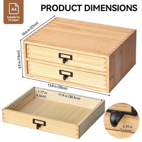 KIRIGEN Wooden Desktop Drawer Organiser, 2 Drawers, A4 Storage, Natural