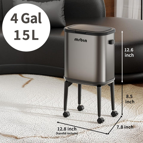 MRBIN Stainless Steel Slim Bathroom Trash Can with Legs and Wheels, 15L / 4gal Toilet Press Lid Waste Basket