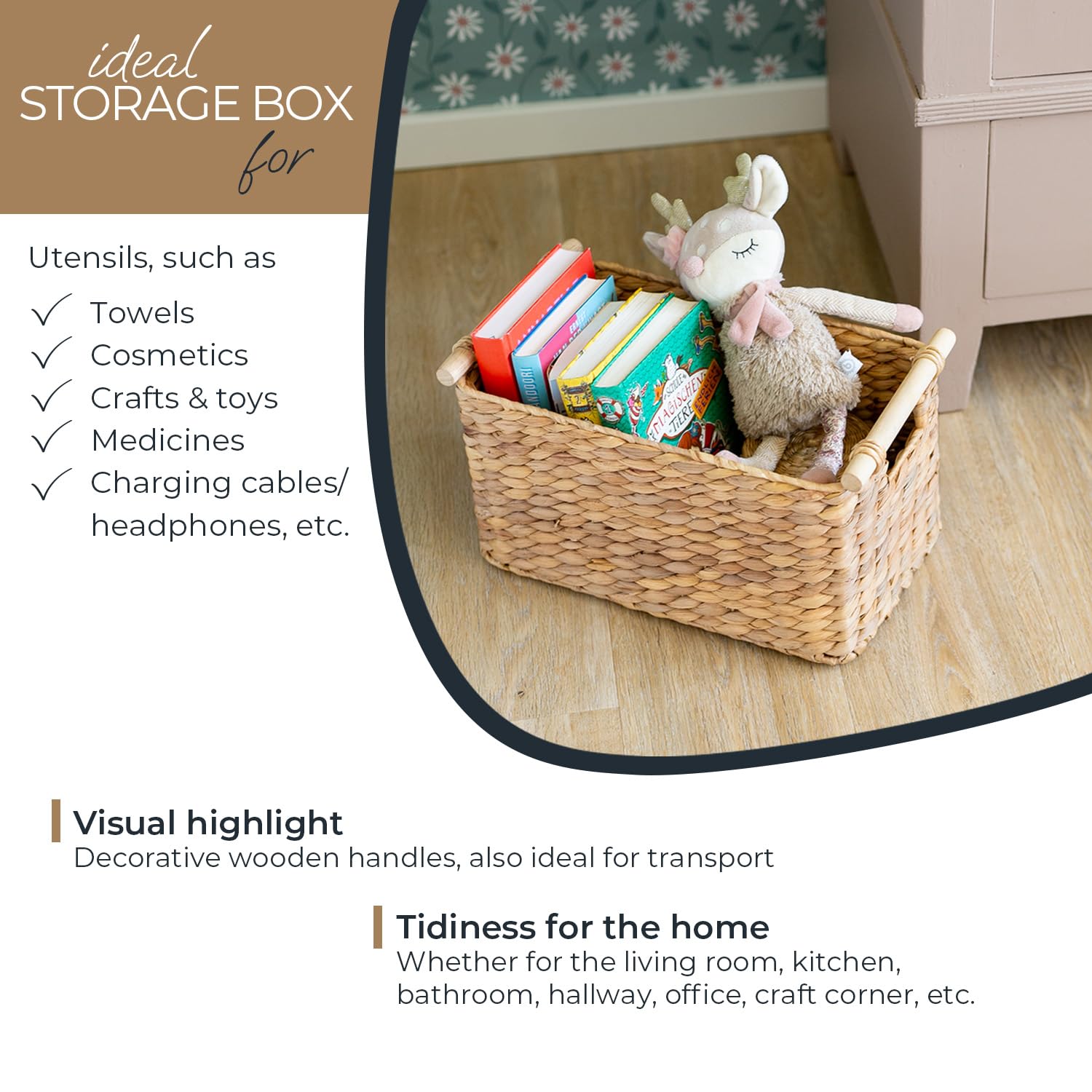 HMF Storage basket woven from water hyacinth, decorative basket with wooden handles for storage in the bathroom, living room, kitchen