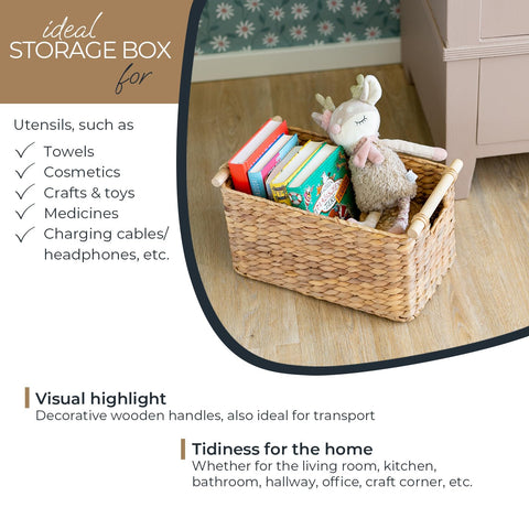 HMF Storage basket woven from water hyacinth, decorative basket with wooden handles for storage in the bathroom, living room, kitchen