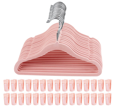 HOUISM Baby Hangers Velvet Pink with 30 Finger Clips, Non-Slip & Ultra Slim Kids Clothes Hangers for Full Outfits