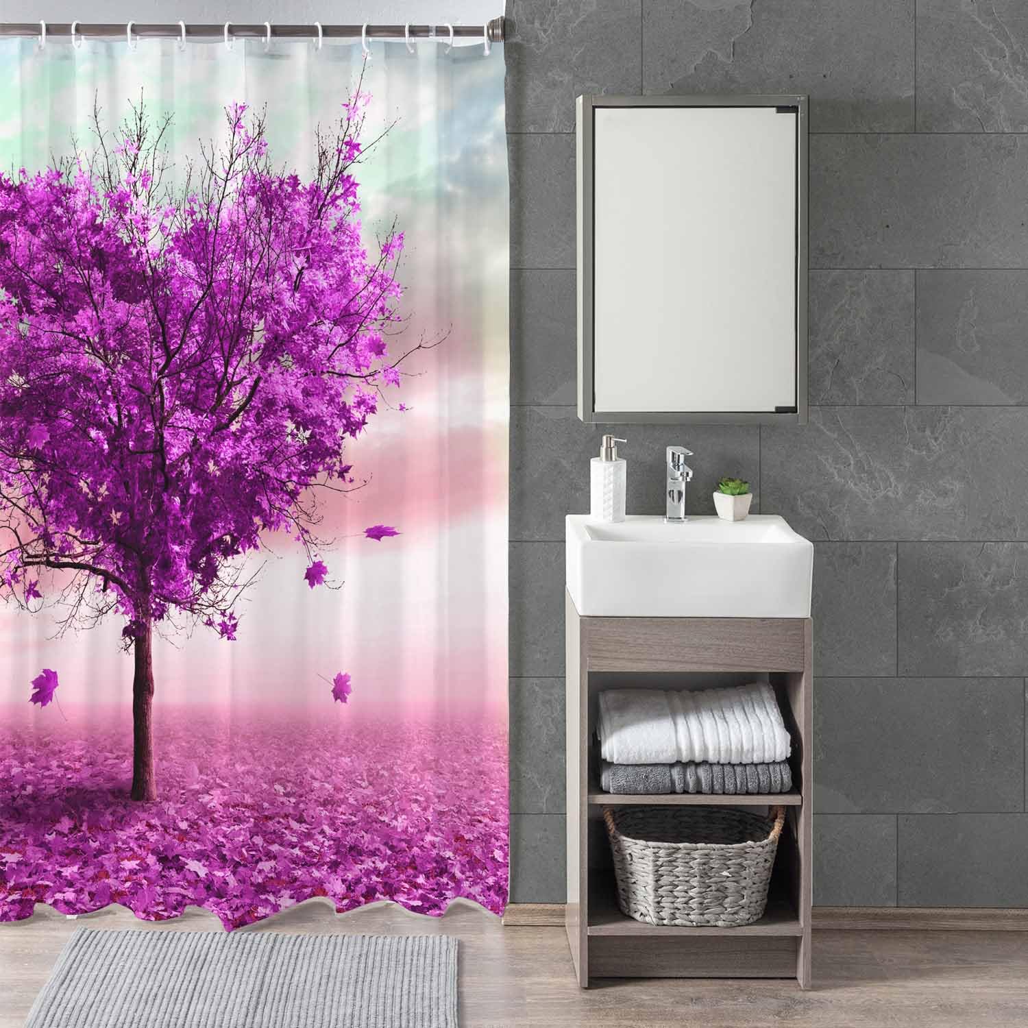 Woutay Shower Curtain Water Repellant Fabric Purple Heart Tree,Mould Proof Resistant,Polyester,with 12 Plastic Hooks