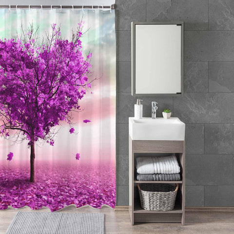 Woutay Shower Curtain Water Repellant Fabric Purple Heart Tree,Mould Proof Resistant,Polyester,with 12 Plastic Hooks
