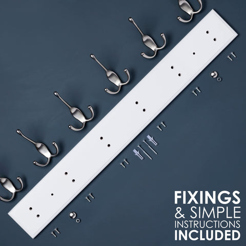 LARHN White Wall-Mounted Coat Rack - 6 Matt-Nickel Coat Hooks, 59cm