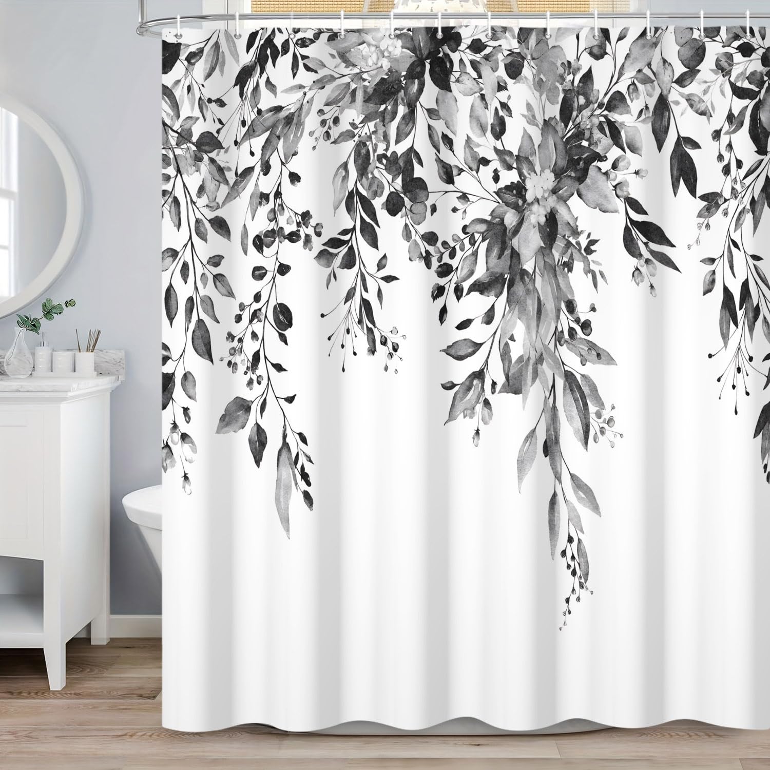 ASDCXZ Black Eucalyptus Shower Curtain 180x200 cm, Spring Watercolor Eucalyptus Leaves Floral Plants Waterproof Bath Curtain Polyester Textile