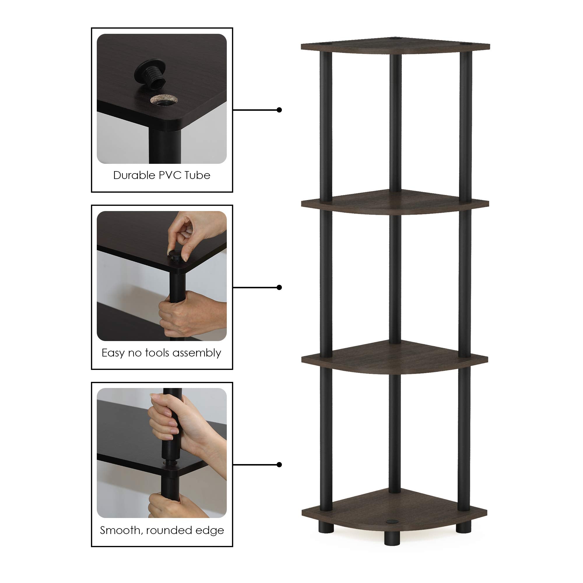 Furinno TURN-N-TUBE Toolless Assembly 4-Tier Corner Shelf, Black Corner Book Shelf, Open Shelves Bookshelf, for Organization and Storage, Living Room