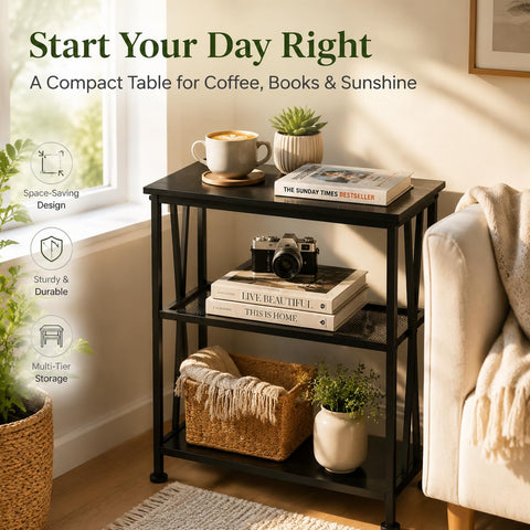 Narrow Side Table,3-Tier End Table With Storage Shelves,Small Hallway Table, Industrial Accent Table With Metal Frame Slim Nightstand Sofa Side Table