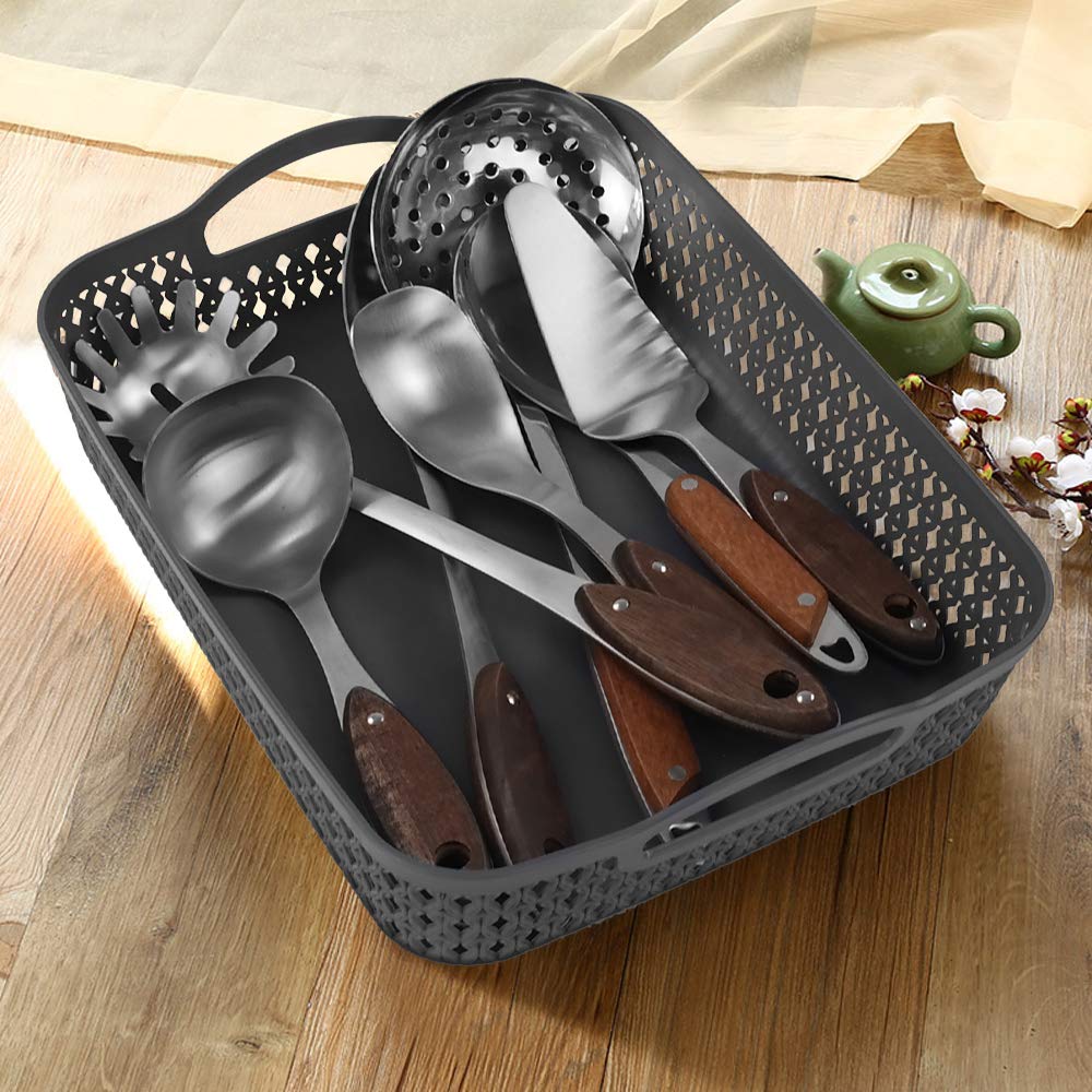 Zerdyne Set of 6 Large Plastic Storage Basket Tray, Gray Shallow Kitchen Storage Basket Tray with Handle