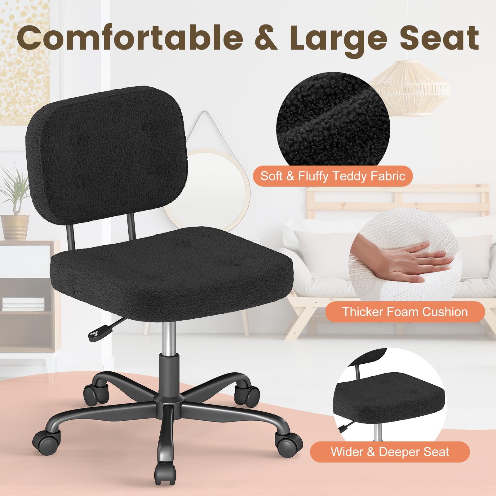 AnyGod Armless Desk Chair, Adjustable Swivel Task Seat, Black Teddy-Fleece