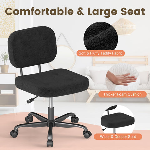 AnyGod Armless Desk Chair, Adjustable Swivel Task Seat, Black Teddy-Fleece
