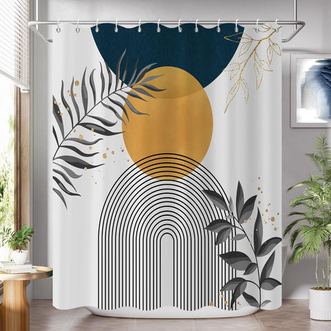 GCIREC Shower Curtain, 180x200cm, Navy Blue Yellow Boho Mid Century Modern Abstract with Minimalist Leaf Waterproof Fabric Machine Washable Bathroom