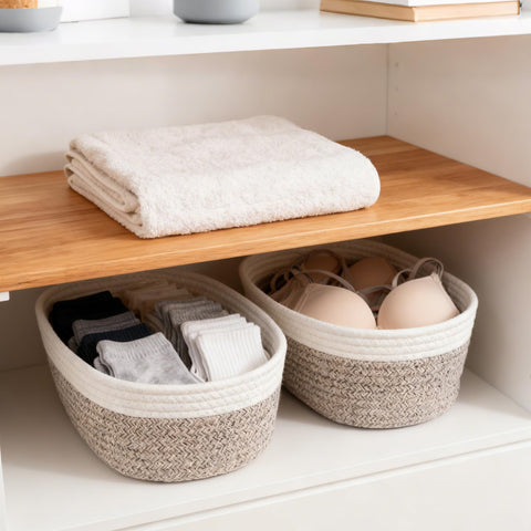 Purecas Braided Cotton Rope Storage Baskets 3-Piece Set Stackable Organiser Baskets for Nursery Changing Table Living Room & Bathroom(Brown 3 Size)