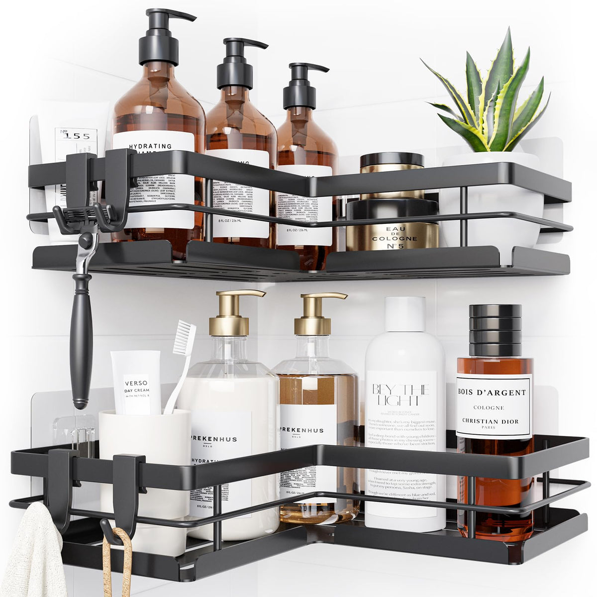 Kitsure Corner Shower Caddy – 2-Pack Adhesive Bathroom Shelves, Black, L