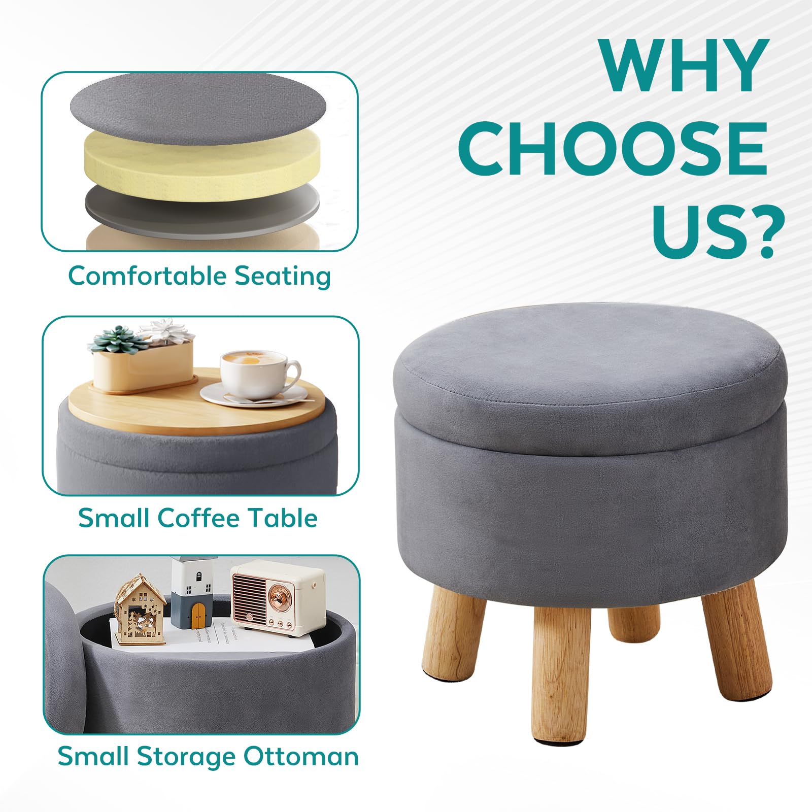 BRIAN & DANY Footstool with Storage, Small Storage Ottoman, Velvet Round Stool with Lid, Foot Stool with Legs for Living Room Entryway, Gray