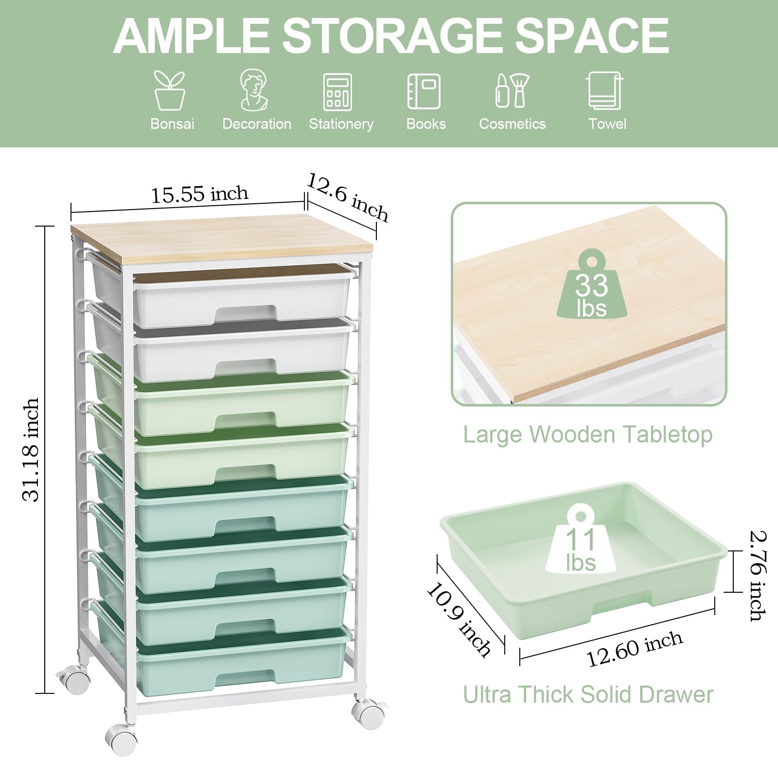 SYKIARIOL 8-Drawer Storage Trolley Rolling Cart with Lockable Wheels, Green