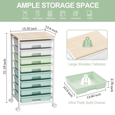 SYKIARIOL 8-Drawer Storage Trolley Rolling Cart with Lockable Wheels, Green