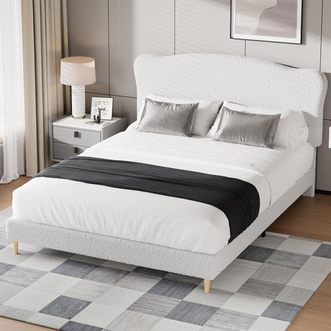 Luxurious Cuddly Bouclé Ottoman Double Bed Frame 82.1"Lx60.3"Wx41.3"H, Gas Lift Storage, Soft Fabric Sherpa Grand Panel Headboard