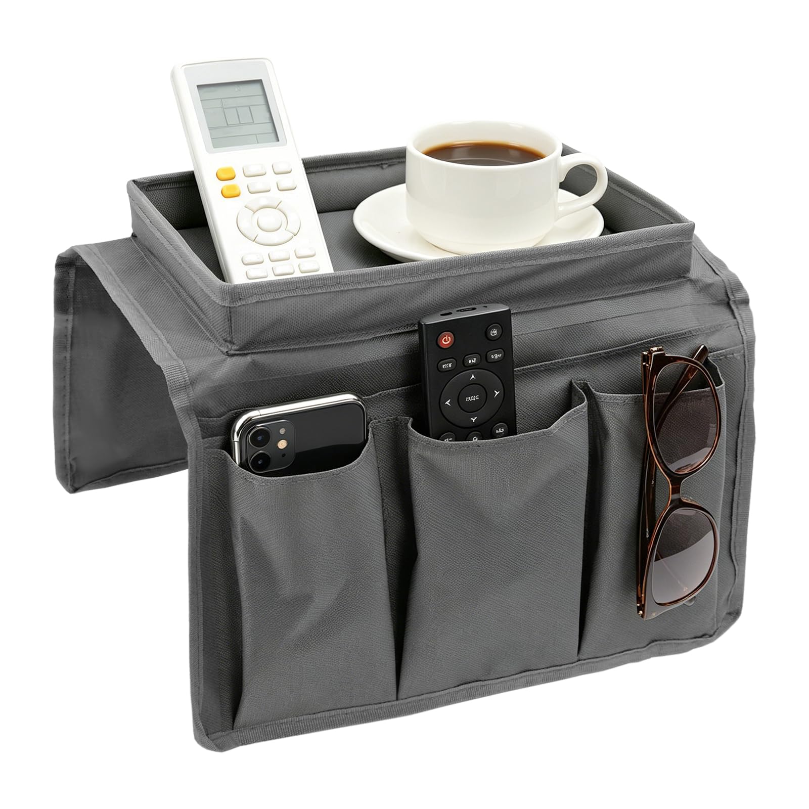 Fizleca Sofa Arm Tray, Armchair Tray, Armrest Tray Organizer - Waterproof Non-Slip Caddy with 4 Pockets for Cups, Snacks, Phones, Tablets, Books