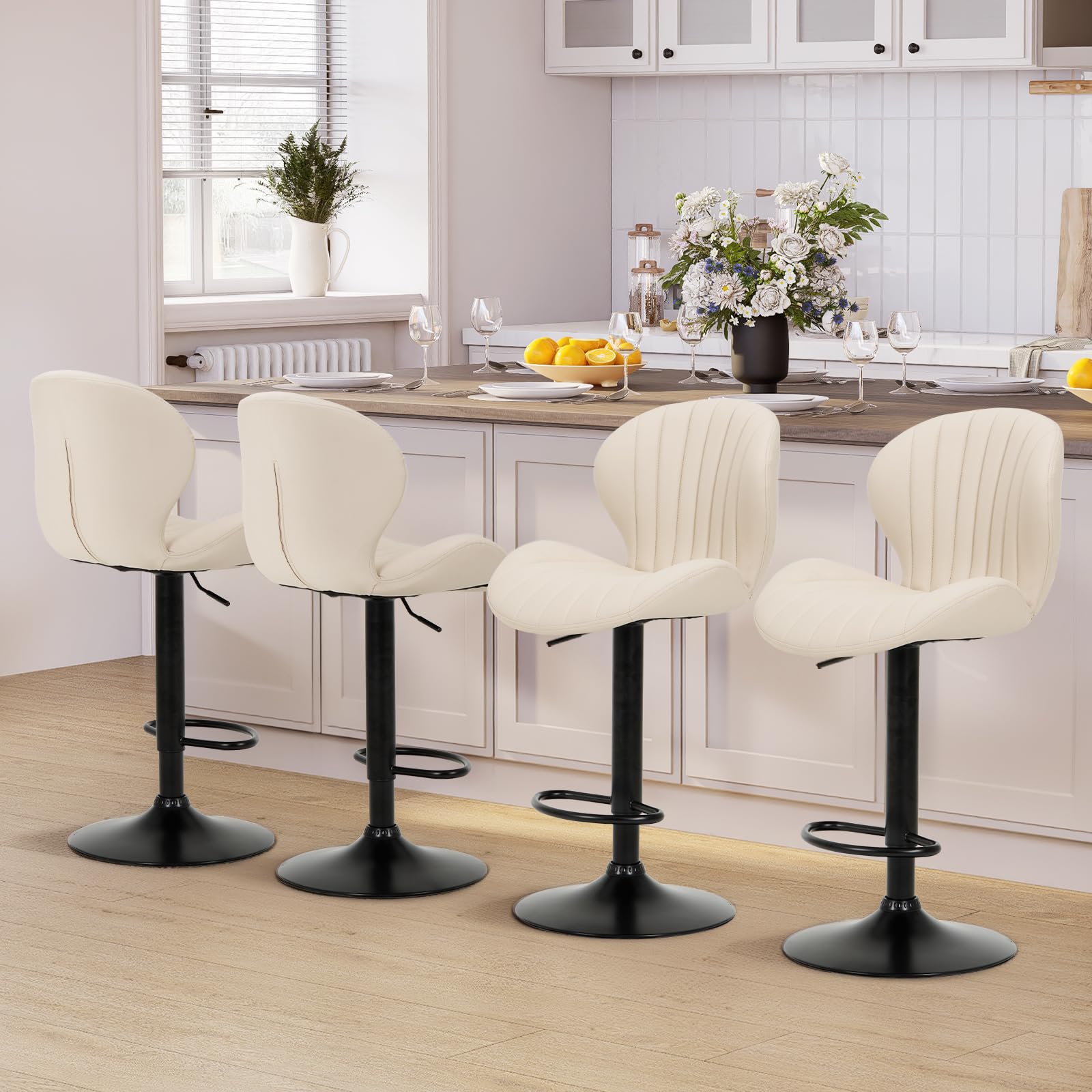 COLAMY Breakfast Bar Stools Set of 4, Modern Swivel Kitchen Bar Chairs, Adjustable PU Leather Upholstered Barstools Counter Height with High Backrest