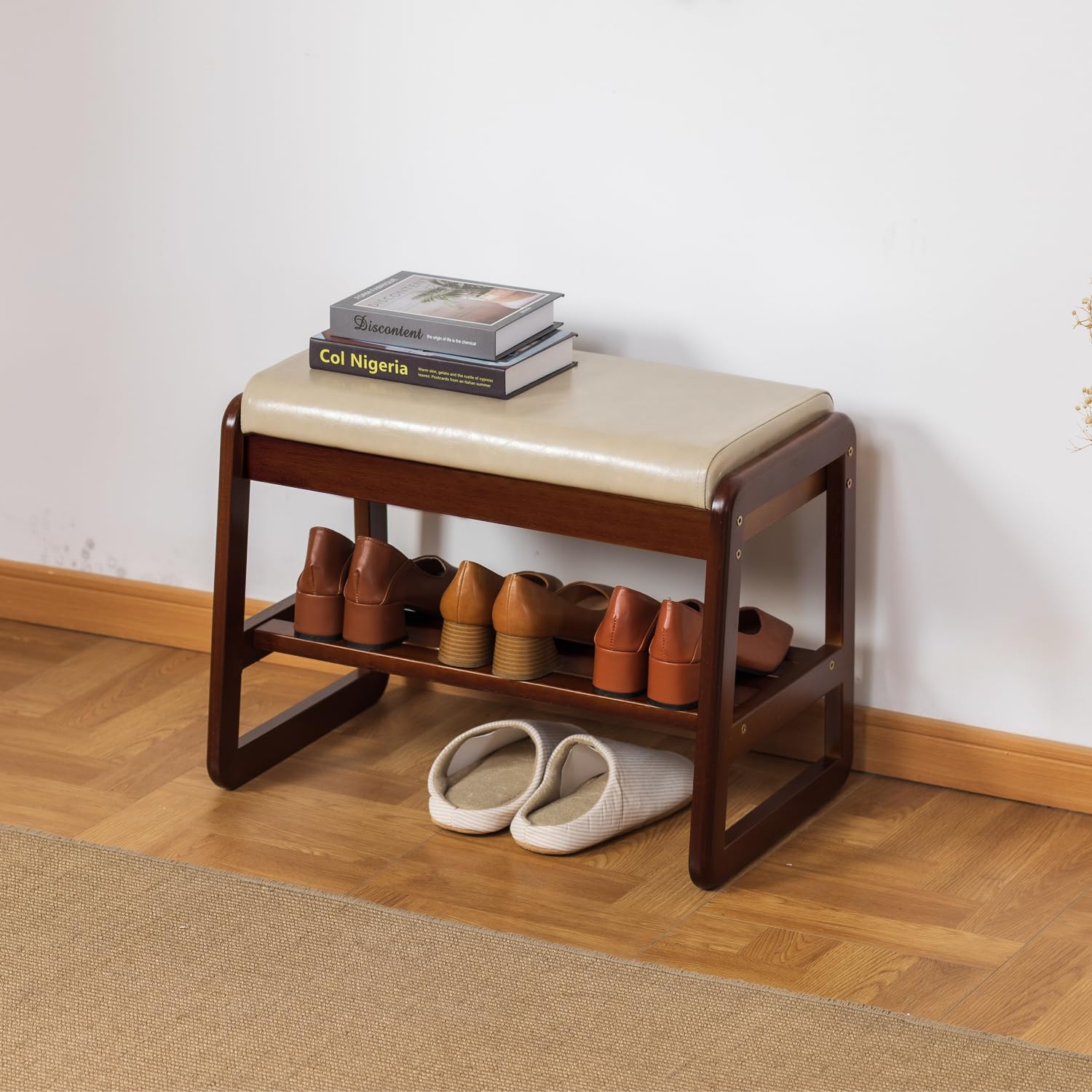 SOBIBO Solid Wood Shoe Bench, 2-Tier Entryway Bench with Cushion and Flip-Open Storage Box, Mid-Century Modern Shoe Bench Rack for Hallway