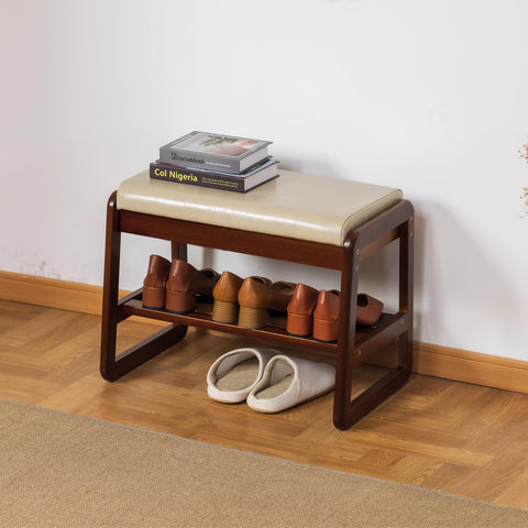 SOBIBO Solid Wood Shoe Bench, 2-Tier Entryway Bench with Cushion and Flip-Open Storage Box, Mid-Century Modern Shoe Bench Rack for Hallway