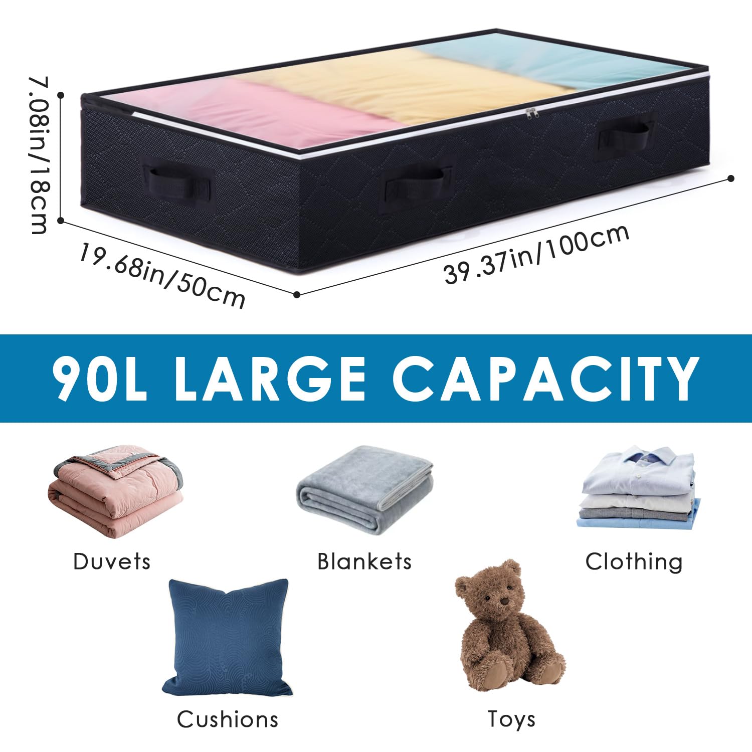 Boic 2 Packs Underbed Storage Bags, 90L Large Under Bed Storage Box, Foldable Underbed StorageBoxes with Lids, Fabric Clothes Storage Bag for Clothes