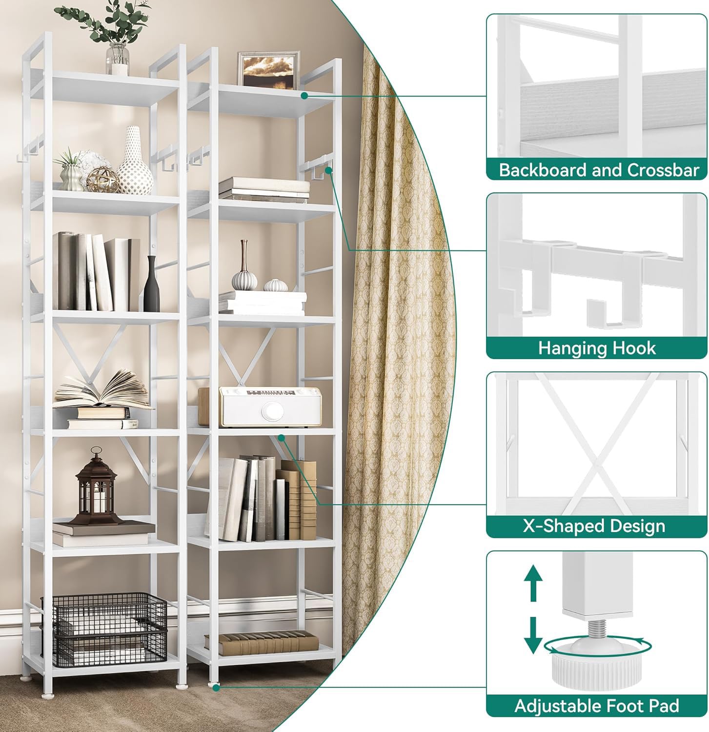 YITAHOME 6 Tier Bookcase, Industrial Book Shelf, Metal Frame and Wooden Shelves, Tall Shelving Unit with 4 Hooks