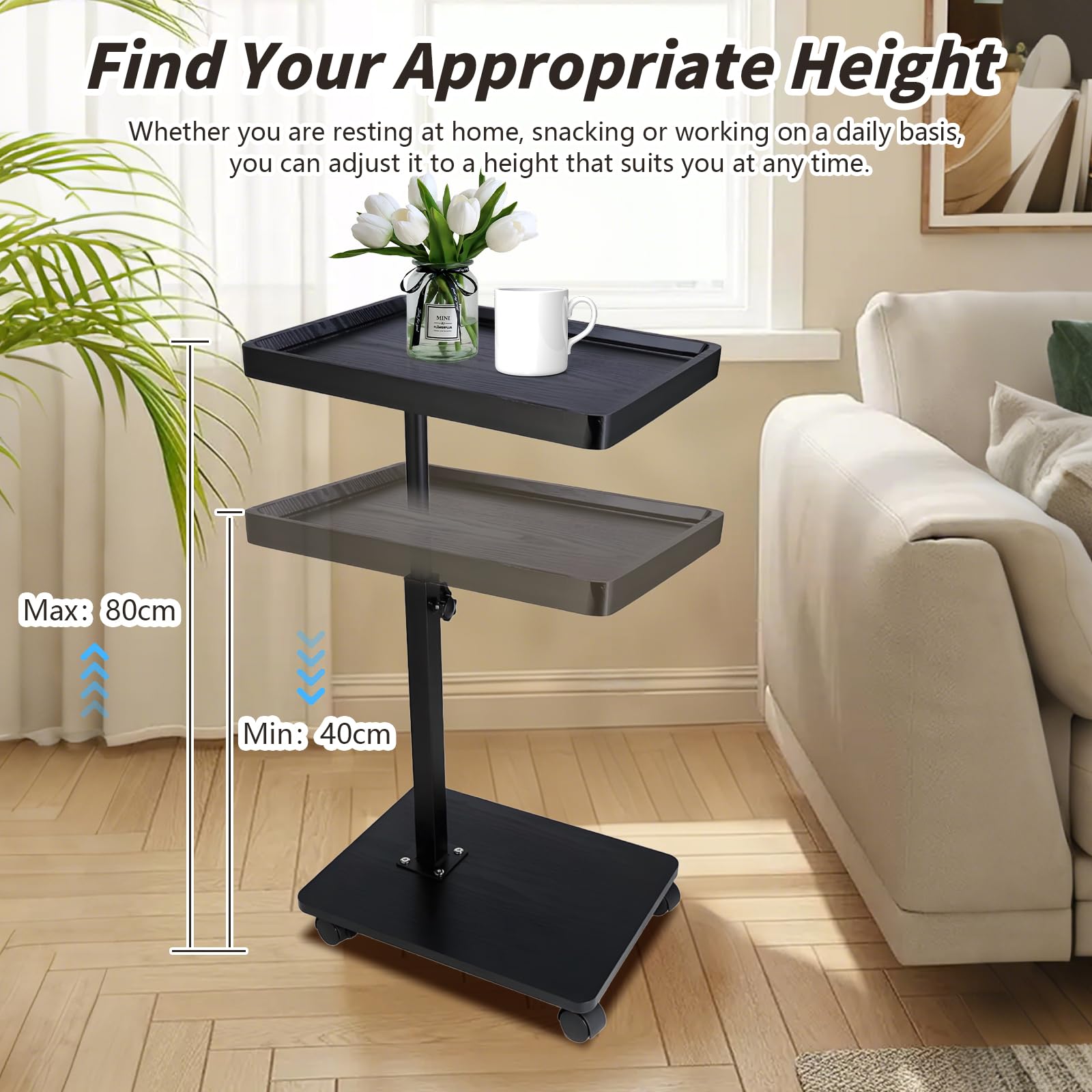 XUDREZ Adjustable Side Table, C Shaped Small Table with 4 Wheels 364° Swivel Tray, End Table for Living Room Bedroom Sofa Small Spaces (Black)