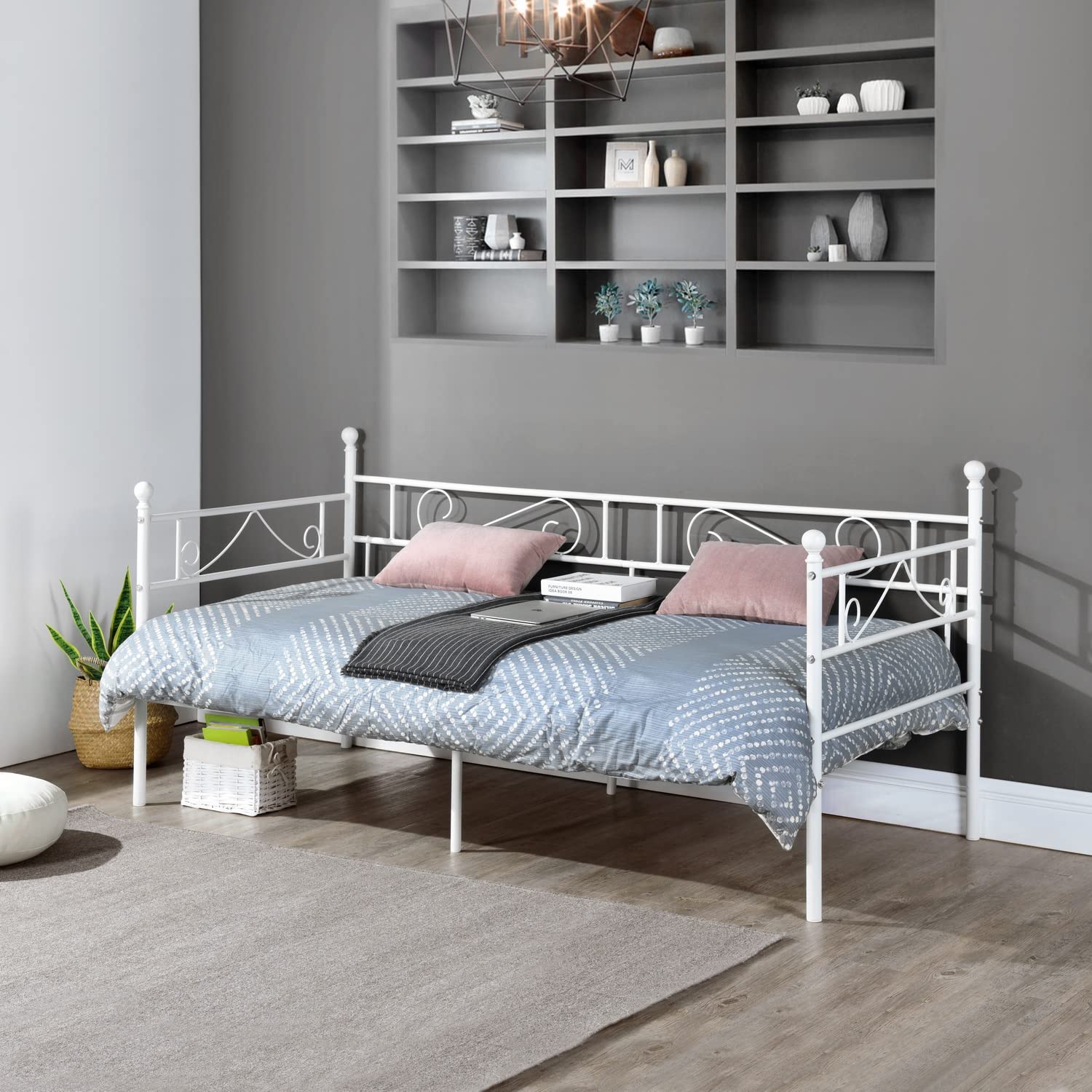 FetiNes Day Bed Frame 90 x 200 cm, Metal, White, Scandinavian Style, Convertible Day Bed with Under-bed Storage