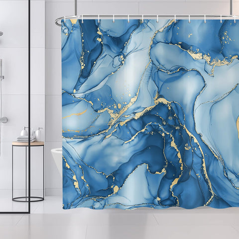 ASDCXZ Blue Marble Shower Curtain 180x180 cm, Modern Abstract Art Blue Gold Marble Optics Texture Waterproof Bath Curtain Polyester Textile Washable