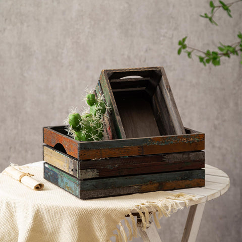 Venalys Set of 3 Distressed Wood Nesting Crates, Rustic Storage Wooden Crate Boxes, Farmhouse Stackable Wooden Basket Containers for Display (Random)