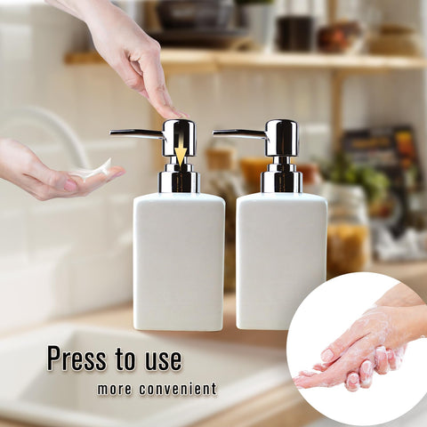 2PSC White Ceramic Soap Dispenser - 320ml/11oz Square Design with Long Spout & Rustproof Pump, Refillable for Shampoo/Liquid Soap