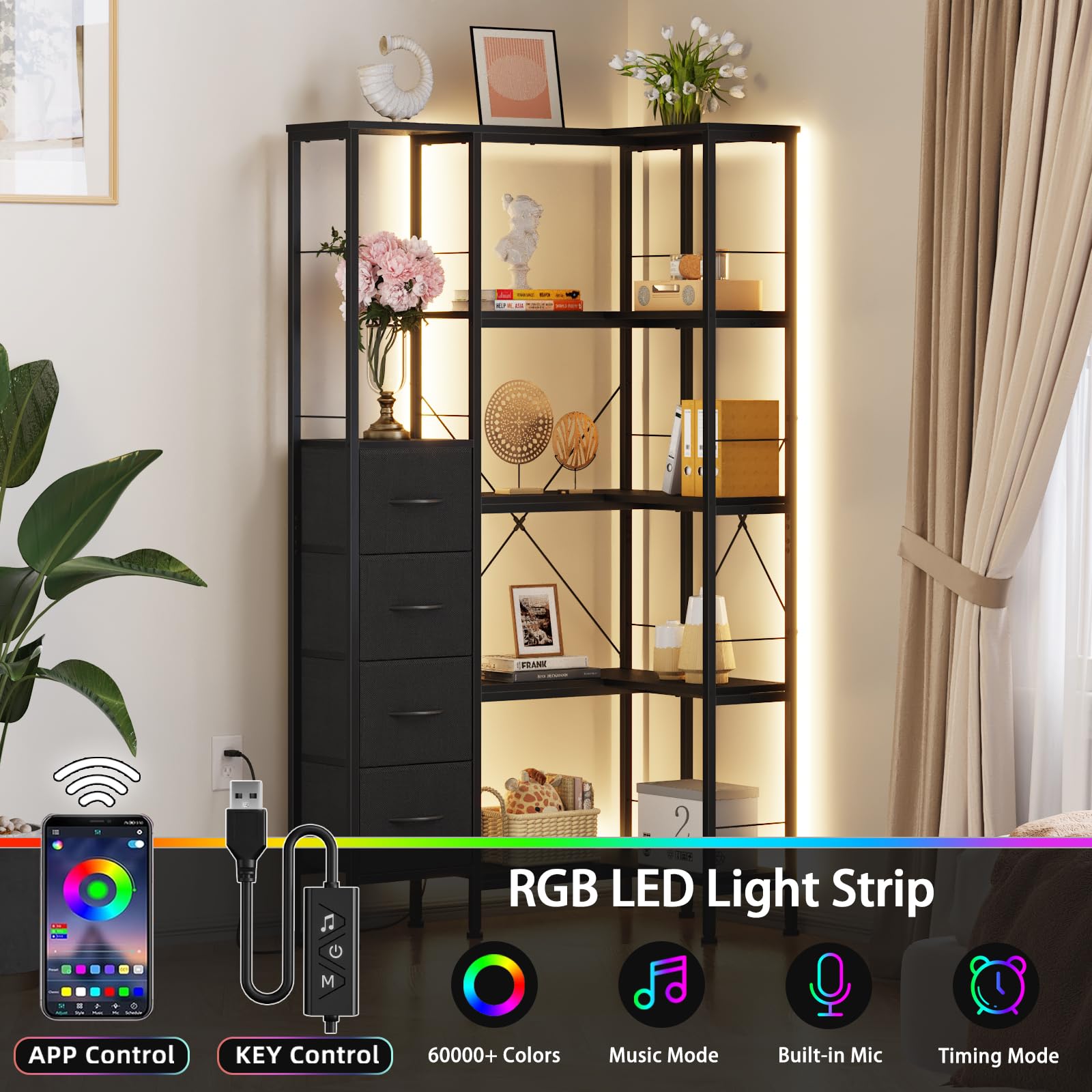Corner Bookshelf Unit with 4 Fabric Drawers & LED Light, 5-Tier, Black