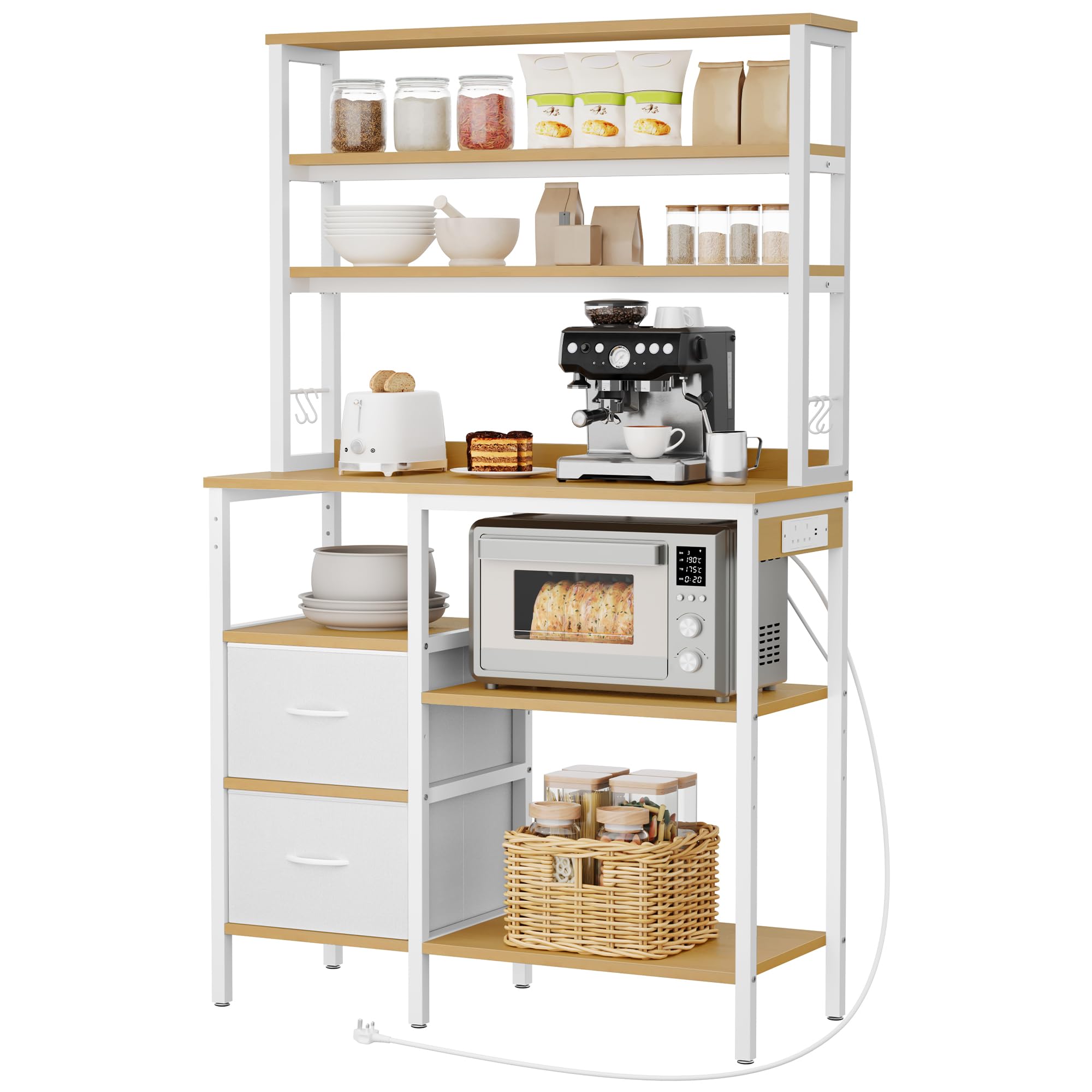 YITAHOME Bakers rack with power outlet, 2 AC outlets 2 USB ports, Coffee Bar station, Baker's Rack with 2 Drawers and 4 Hooks, microwave shelf