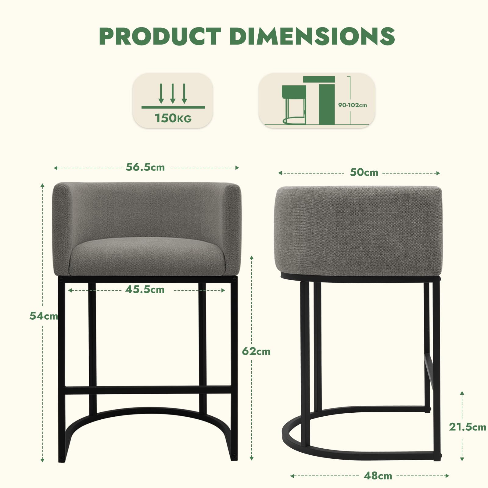 KRAMZMING Counter Height Bar Stools Set of 2, 24 Inch Linen, Gray