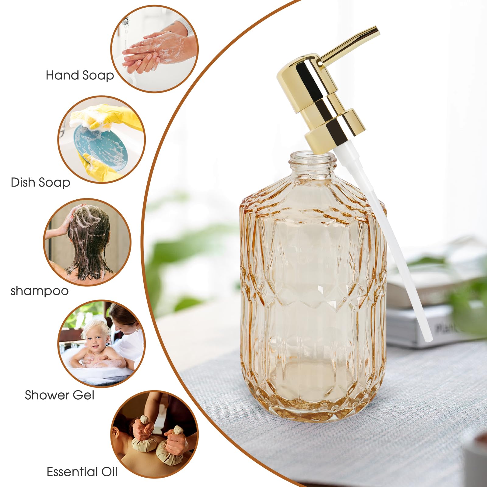 2 Pcs Glass Soap Dispenser with Pump, 13.5 Oz/400 ml Washing up Liquid Dispenser, BPA Free Refillable Non-slip Pump Bottle for Shampoo