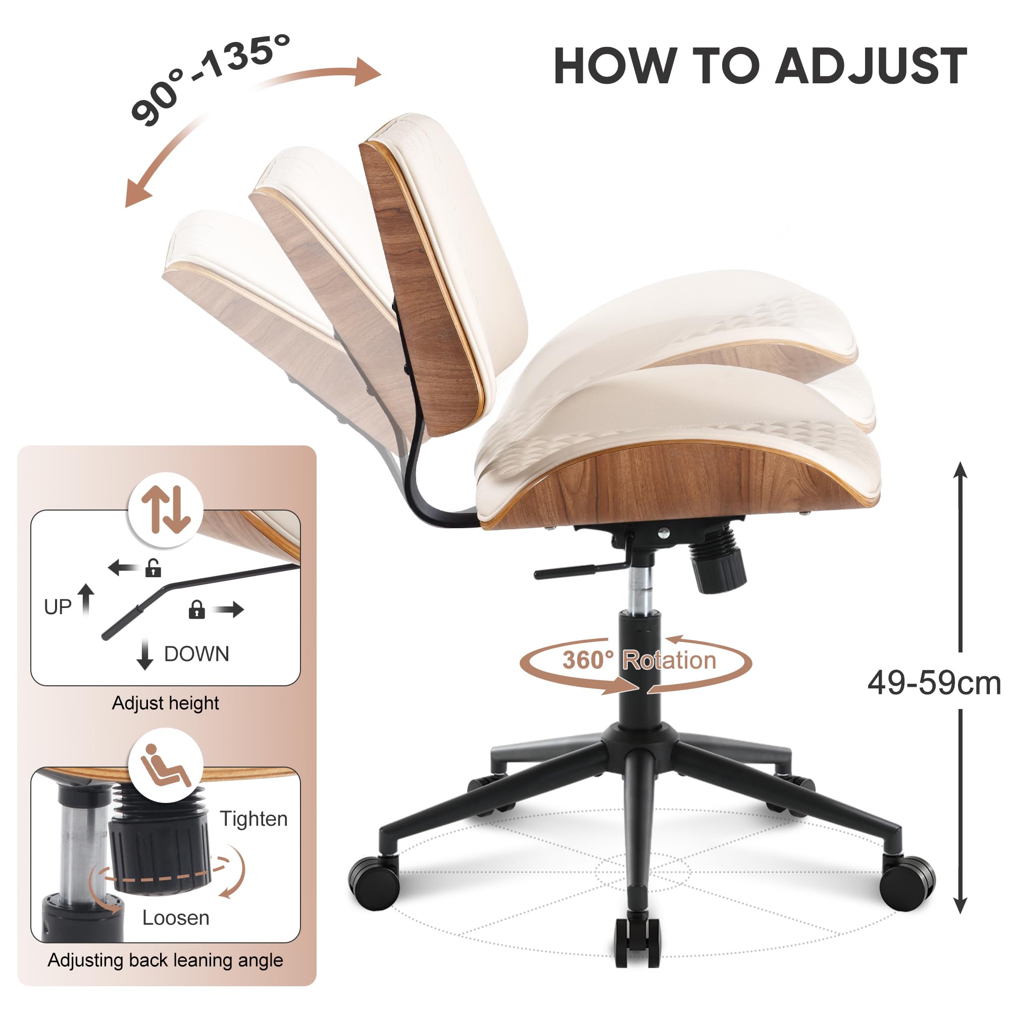 BERYTH Armless Desk Chair with Wheels Boucle Home Office Chair 360° Swivel Adjustable Height PU Leather Max. 136kg Mid Back Modern Bentwood Walnut