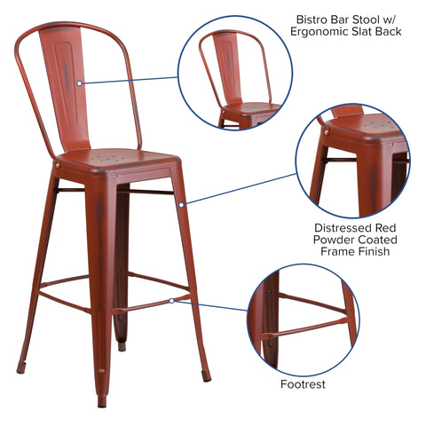 Flash Furniture Blake Commercial Grade 4 Pack 30" High Distressed Kelly Red Metal Indoor-Outdoor Barstool with Back