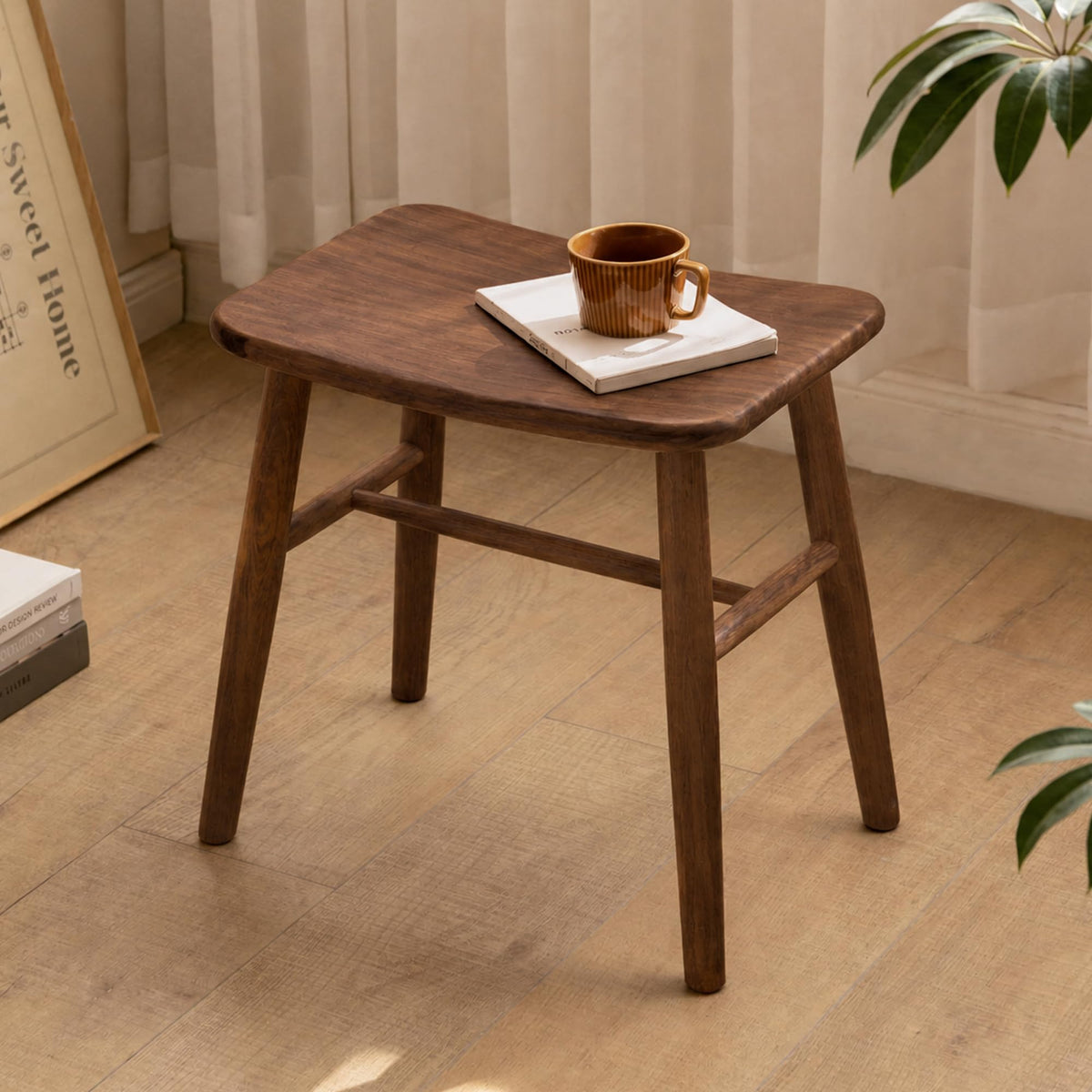 100% Oak Solid Wood Dressing Stool with Curved Seat, Walnut Vanity Stool