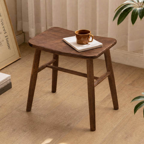 100% Oak Solid Wood Dressing Stool with Curved Seat, Walnut Vanity Stool