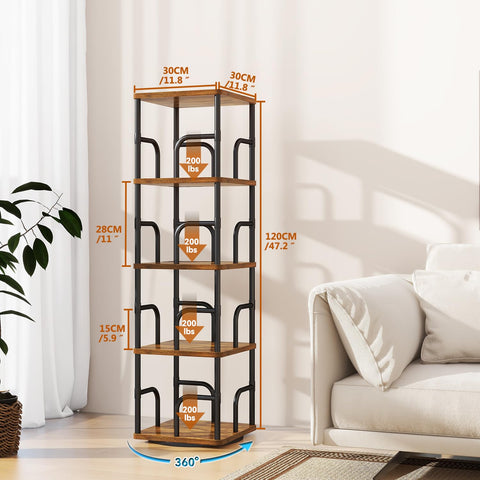IBUYKE 5 Tier Rotating Bookshelf,Square Bookcases,Brown TBC004H