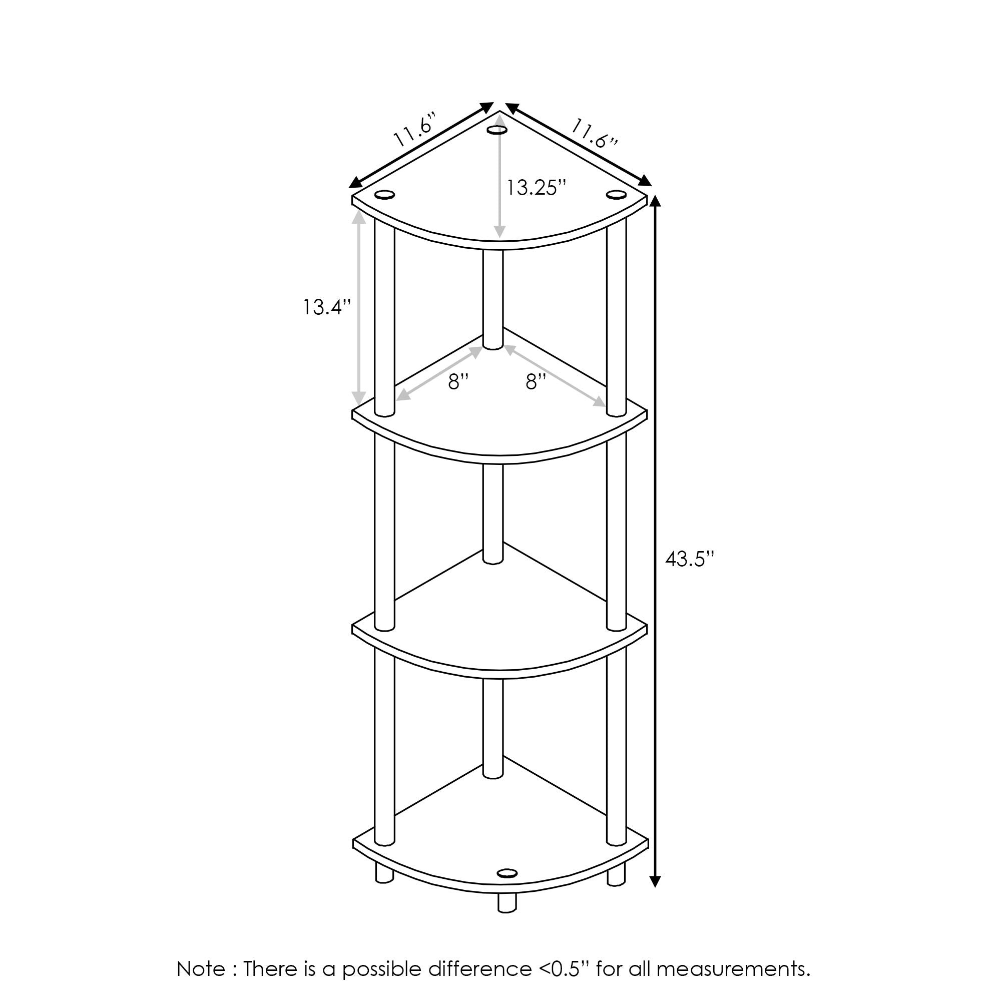 Furinno TURN-N-TUBE Corner Shelf, 4-Tier Corner Bookshelf, Display Storage Shelves with Open Shelves, for Organization and Storage, Living Room