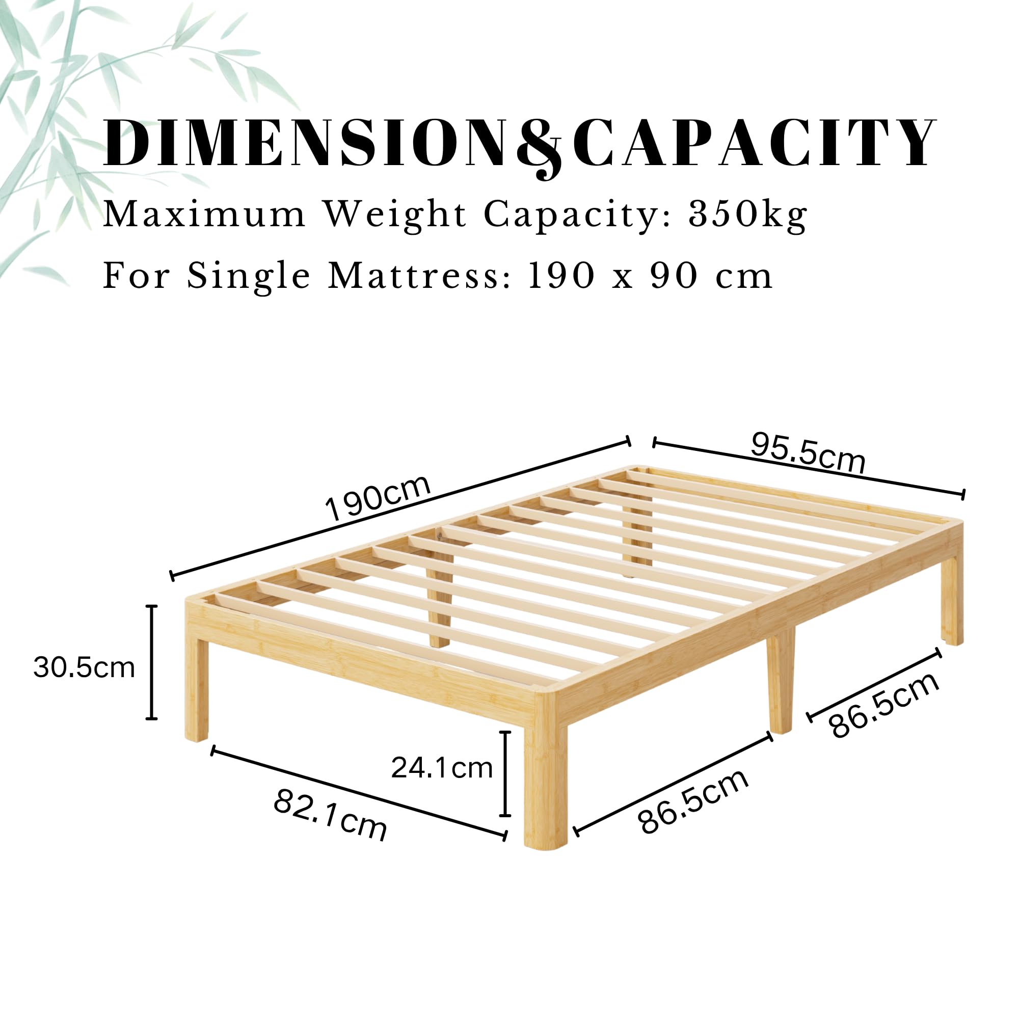 QFtime Bamboo Wood Single Bed Frame, Platform Bed Frame Single with Metal Slats Support, Easy to Install, Noise Free, Sturdy, 30.5 cm High