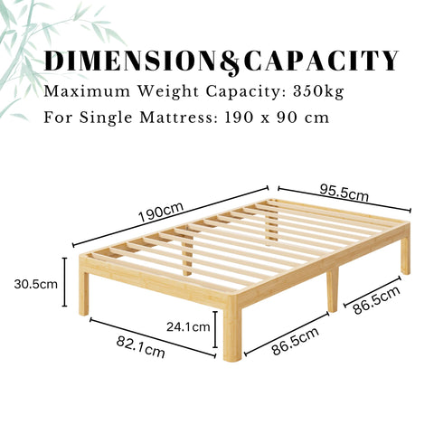 QFtime Bamboo Wood Single Bed Frame, Platform Bed Frame Single with Metal Slats Support, Easy to Install, Noise Free, Sturdy, 30.5 cm High