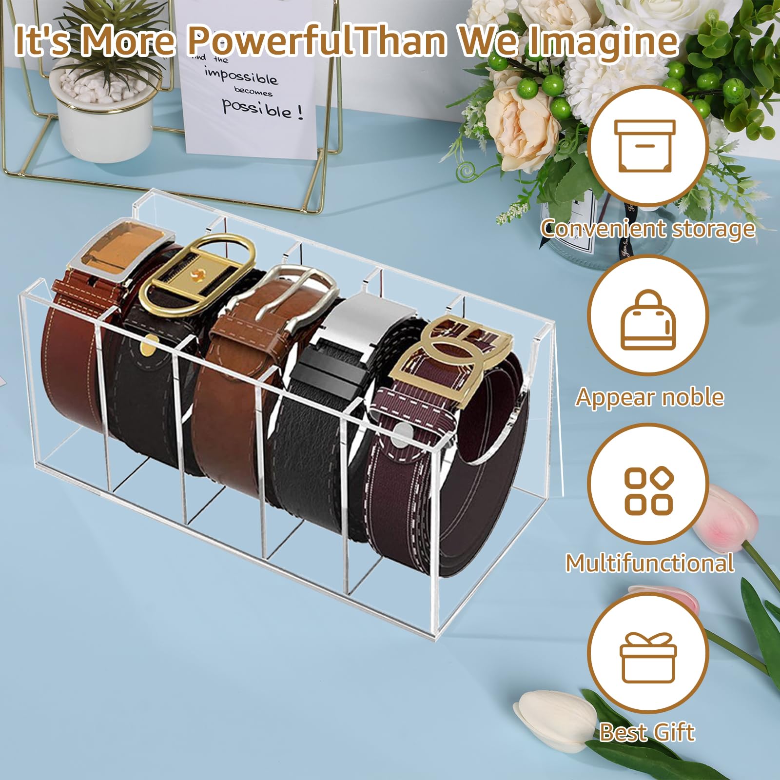 Bpyhebe Acrylic Belt Storage Organizer, 5 Compartments Belt Tidy Box for Drawers and Wardrobe, Clear Belts Rack Display Case